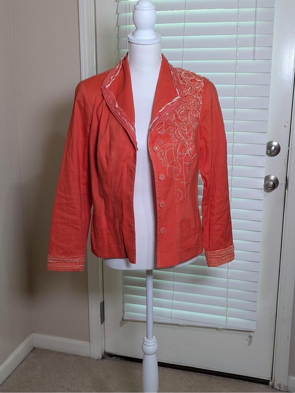 Coldwater Creek Women's Orange Floral Blazer Size 6P Cottagecore Jacket Vintage